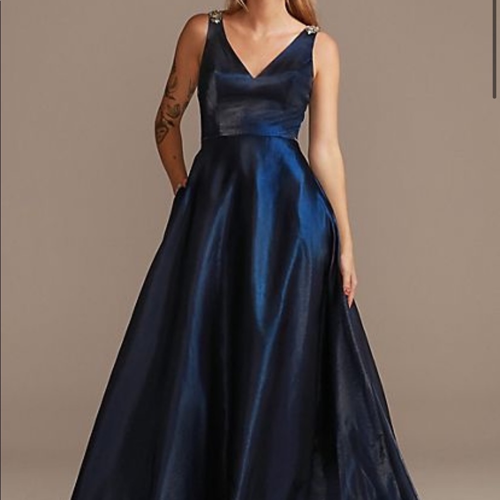 V-Neck Satin Ball Gown with Crystal Strap Details